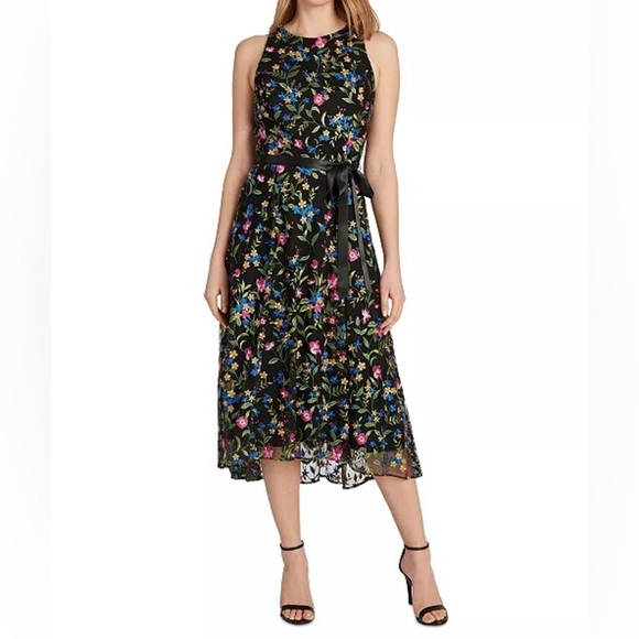 Tahari  ASL Black Embroidered Floral A-Line Midi Dress Size 12 - Picture 1 of 13